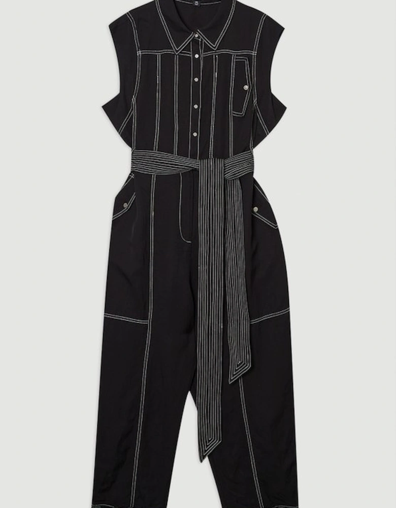 Tall Premium Linen Twill Topstitch Woven Jumpsuit
