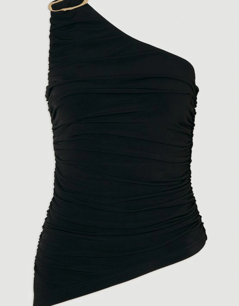 One Shoulder Drapey Crepe Trim Detail Ruched Top