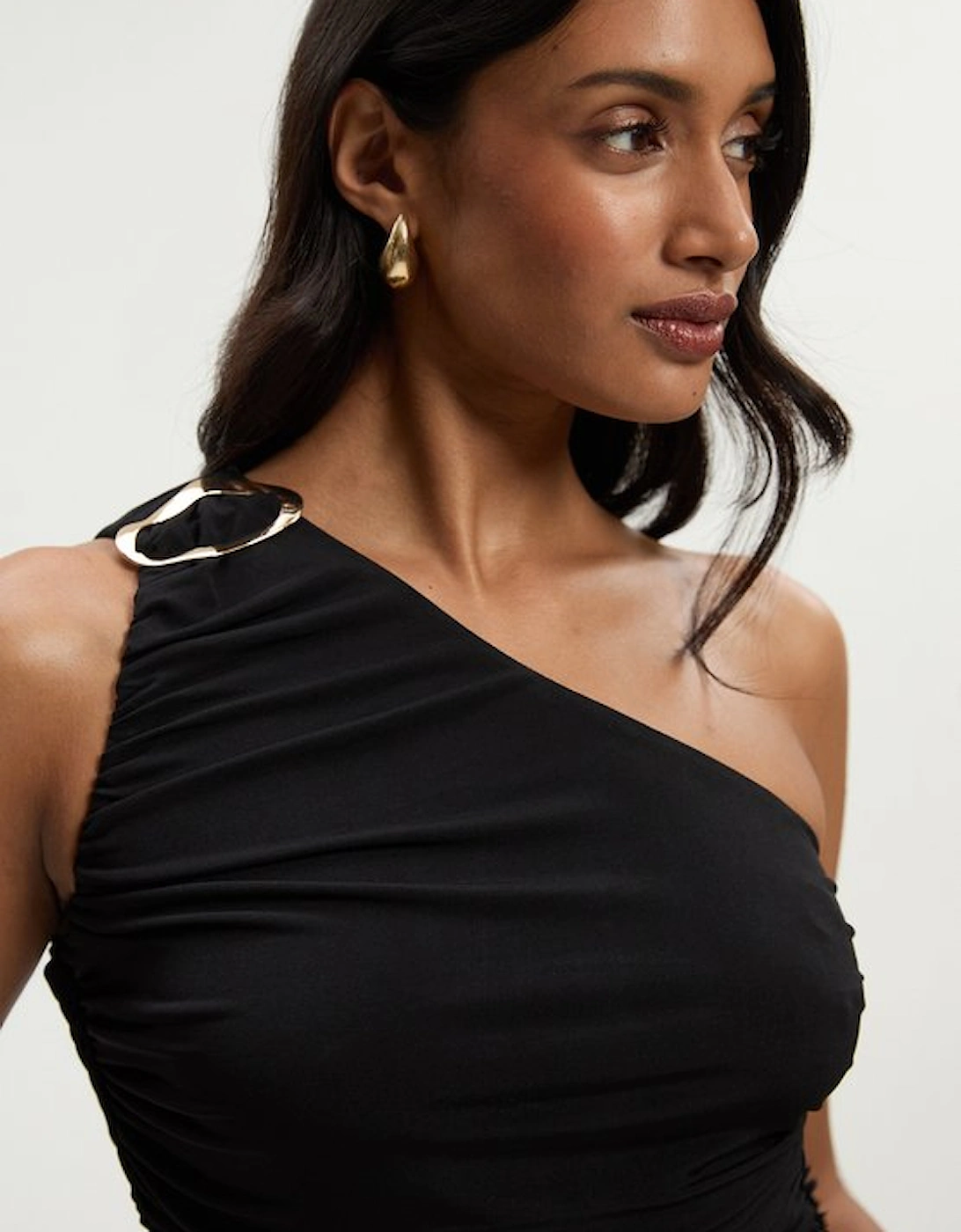 One Shoulder Drapey Crepe Trim Detail Ruched Top