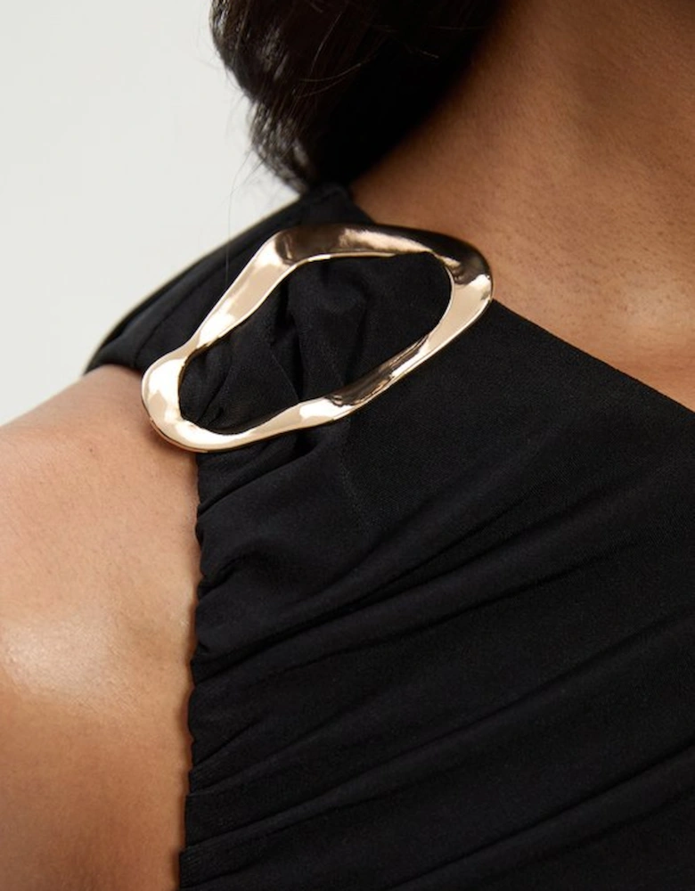 One Shoulder Drapey Crepe Trim Detail Ruched Top