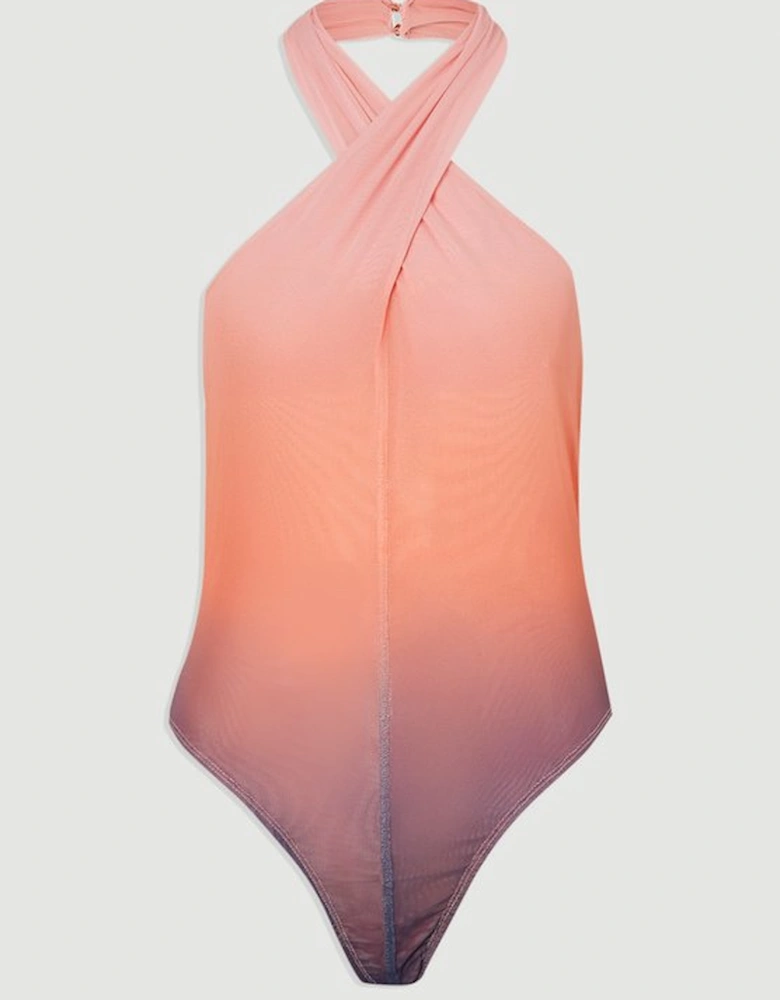 Sunset Ombre Mesh Cross Halter Jersey Bodysuit