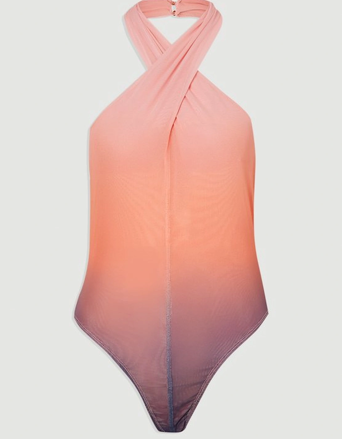 Sunset Ombre Mesh Cross Halter Jersey Bodysuit