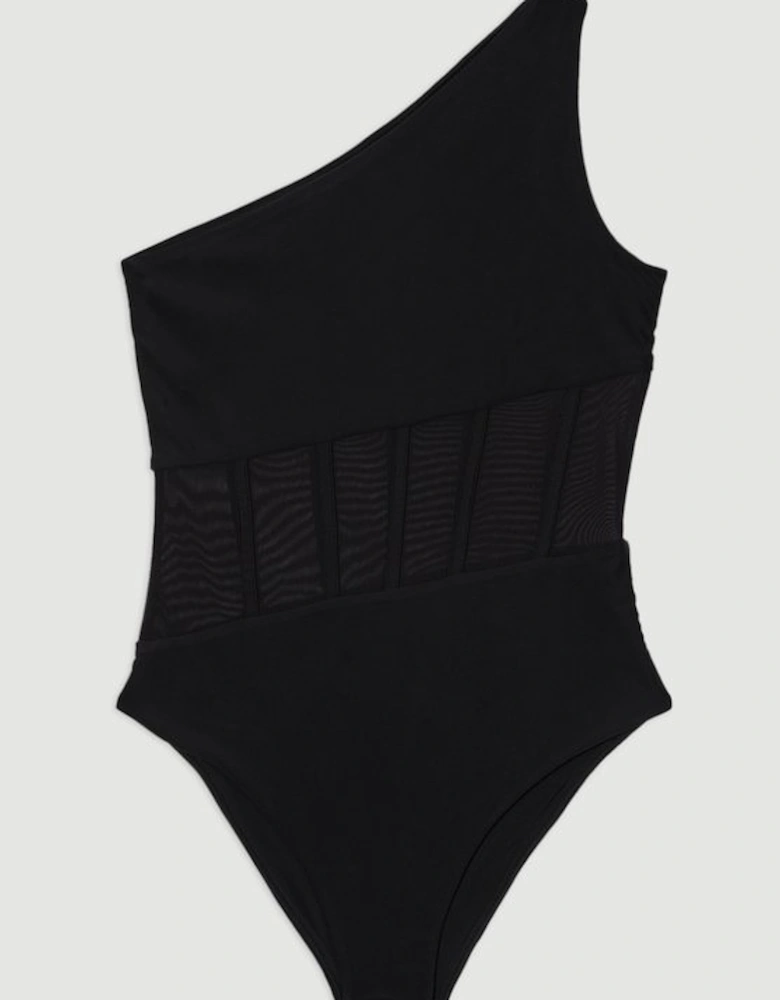 One Shoulder Ribbed Mesh Detail Swimsuit