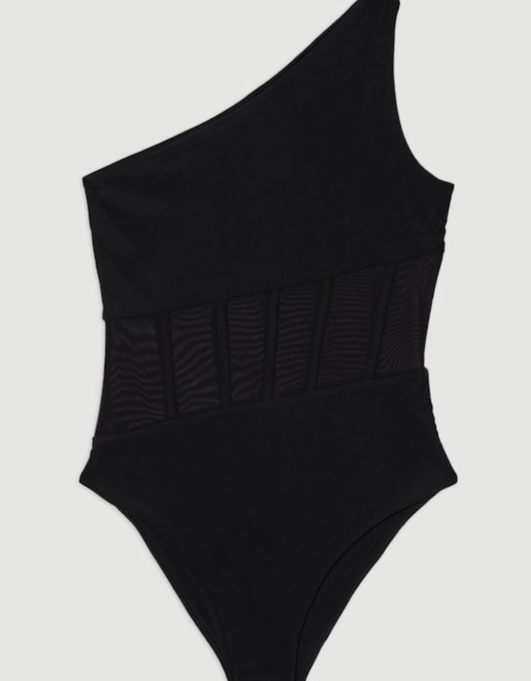 One Shoulder Ribbed Mesh Detail Swimsuit