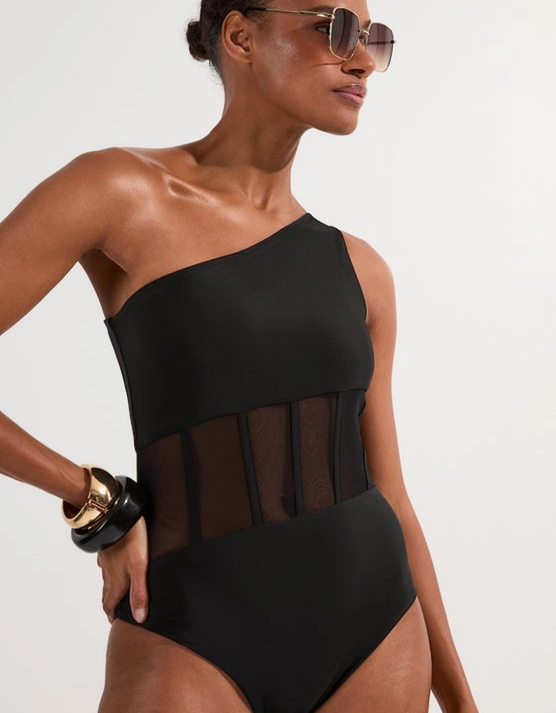 One Shoulder Ribbed Mesh Detail Swimsuit, 5 of 4