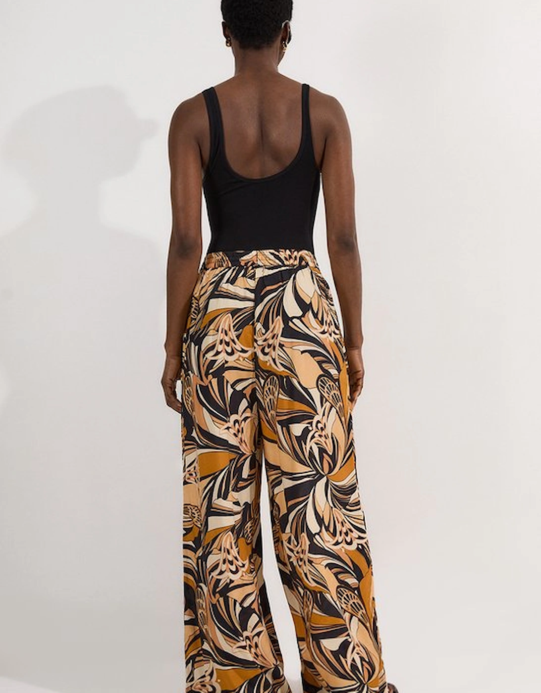 Beach Border Print Spun Viscose Tie Waist Wide Leg Trousers