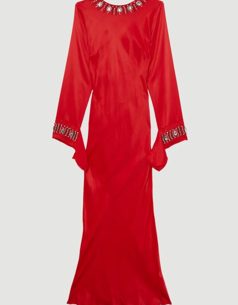 Crystal Embellished Raw Edge Satin Wrap Maxi Dress