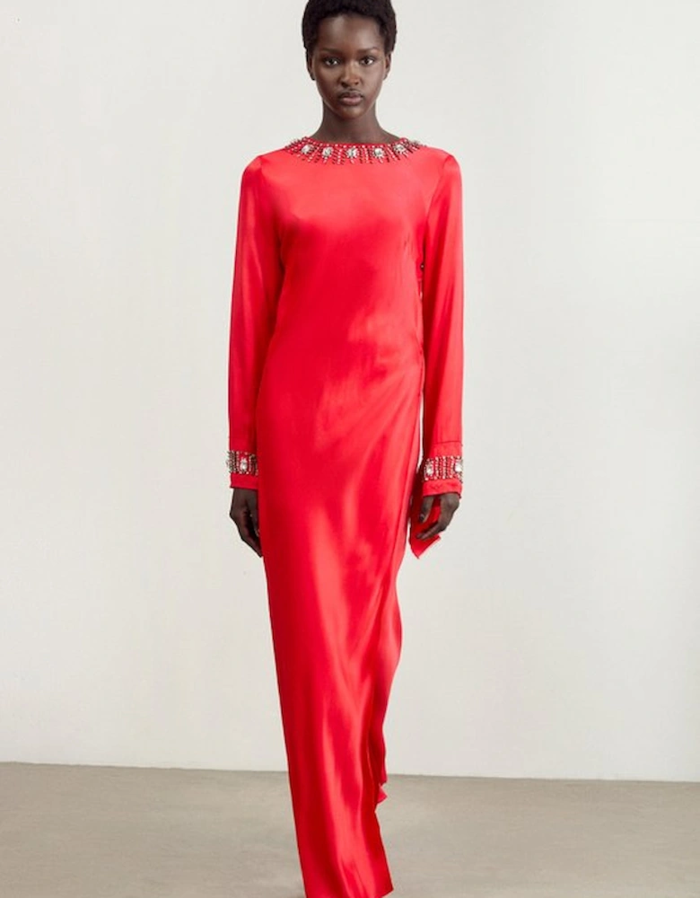 Crystal Embellished Raw Edge Satin Wrap Maxi Dress