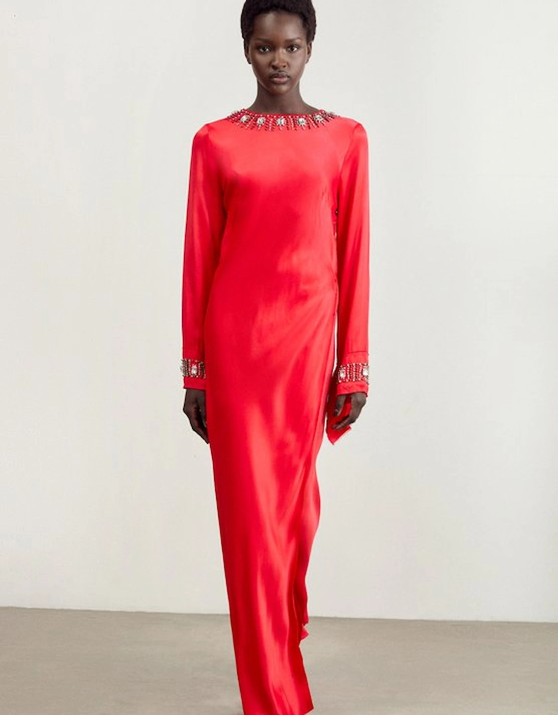 Crystal Embellished Raw Edge Satin Wrap Maxi Dress, 5 of 4
