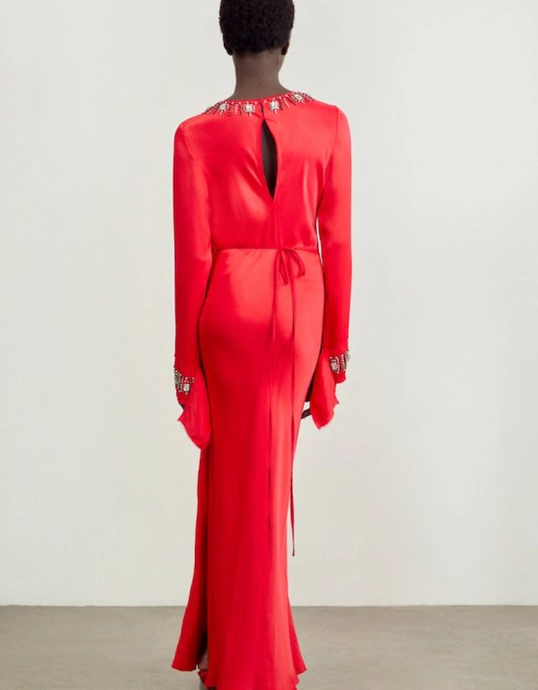 Crystal Embellished Raw Edge Satin Wrap Maxi Dress