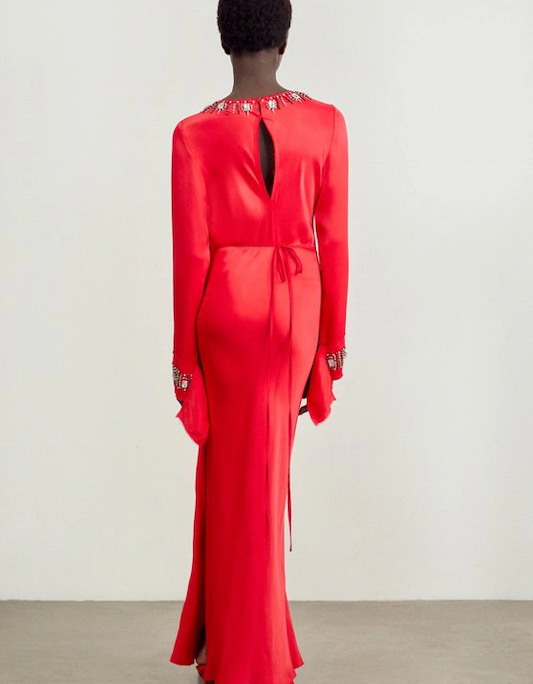 Crystal Embellished Raw Edge Satin Wrap Maxi Dress