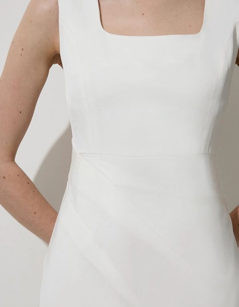 Tailored Viscose Linen Strappy Pleat Detail Midaxi Dress