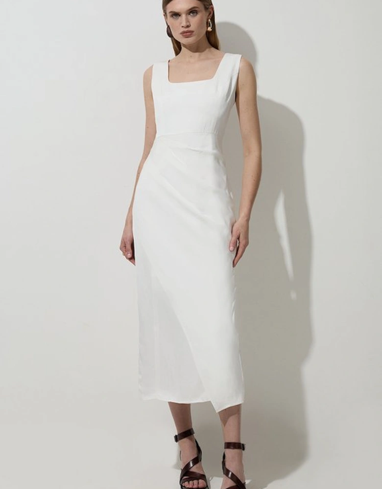 Tailored Viscose Linen Strappy Pleat Detail Midaxi Dress