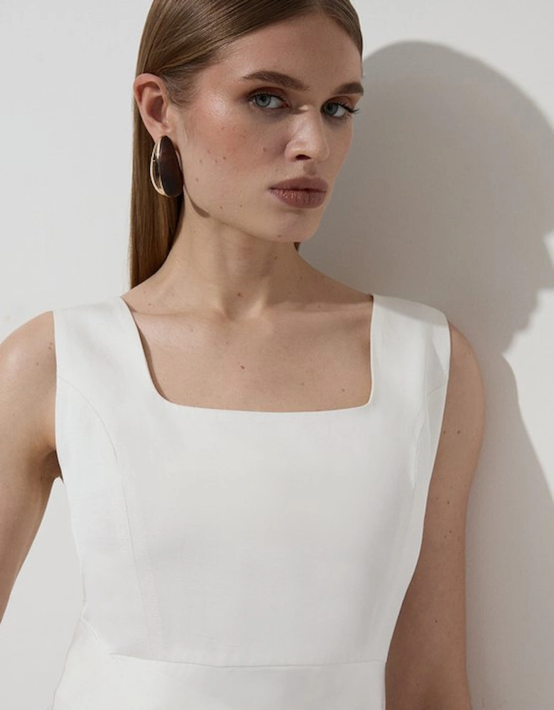 Tailored Viscose Linen Strappy Pleat Detail Midaxi Dress