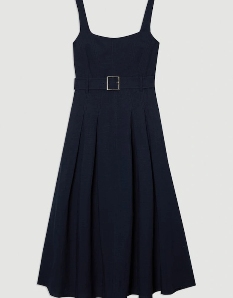 Premium Tailored Linen Belted Strappy Full Midi Dress