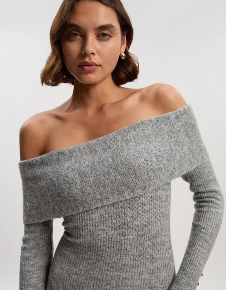Wool Blend Cosy Bardot Knit Midi Dress