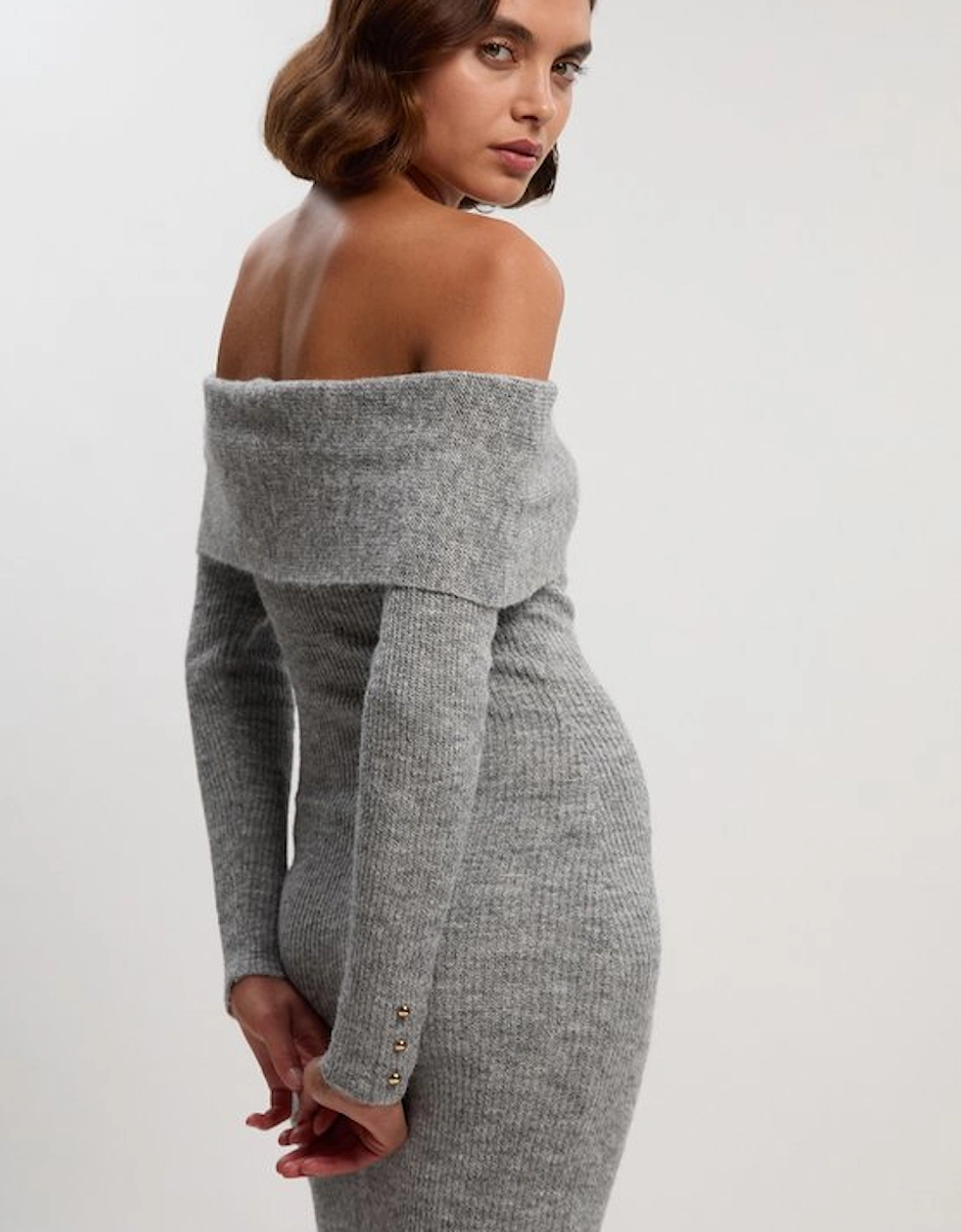 Wool Blend Cosy Bardot Knit Midi Dress
