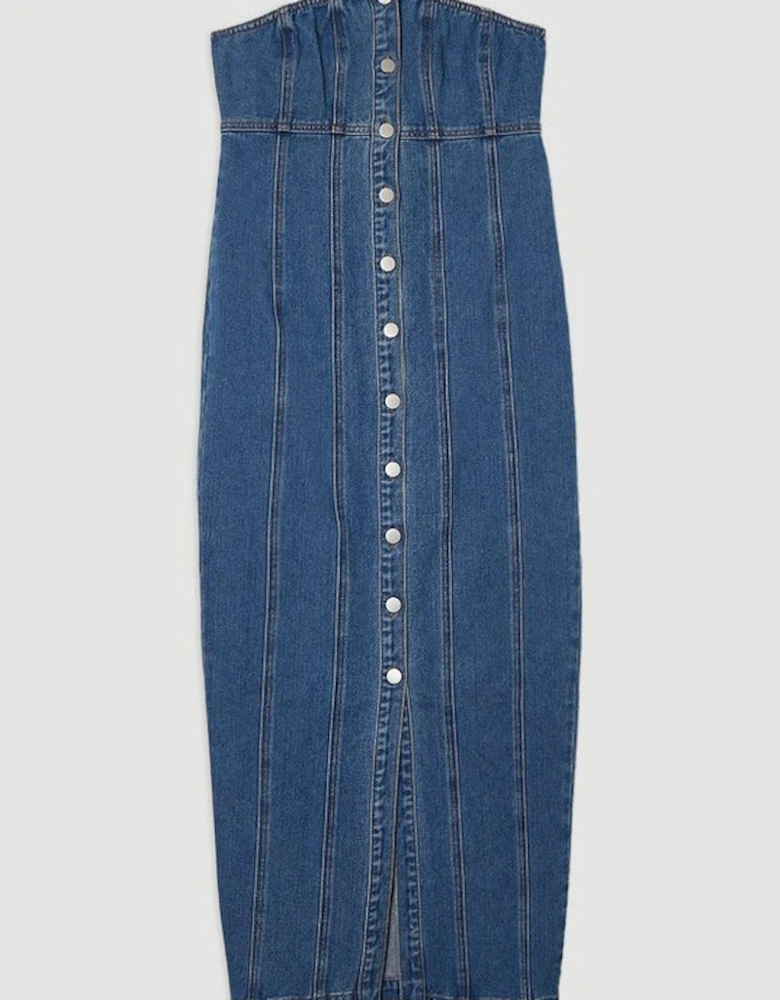 Denim Bandeau Button Midi Dress