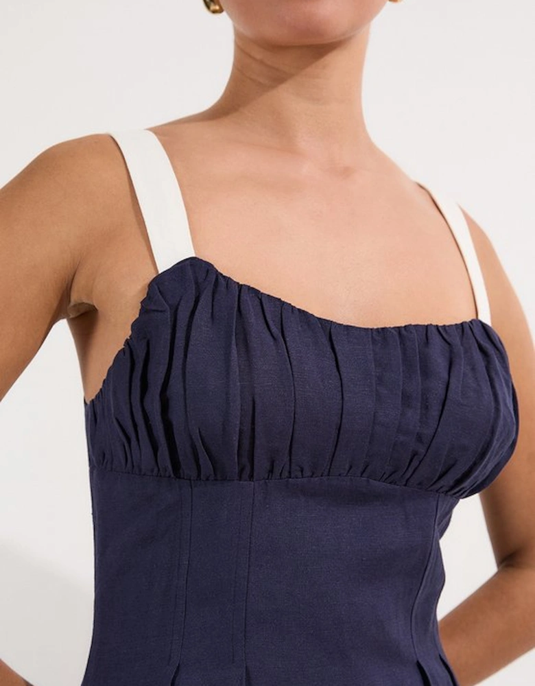 Tall Linen Viscose Colour Block Strappy Woven Midi Dress