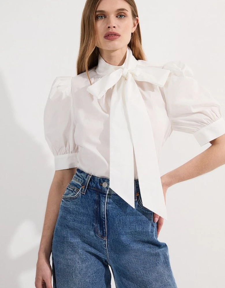 Cotton Poplin Pussy Bow Puff Sleeve Woven Blouse