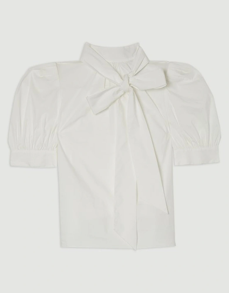 Cotton Poplin Pussy Bow Puff Sleeve Woven Blouse