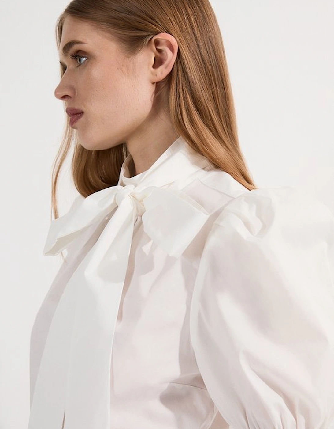 Cotton Poplin Pussy Bow Puff Sleeve Woven Blouse