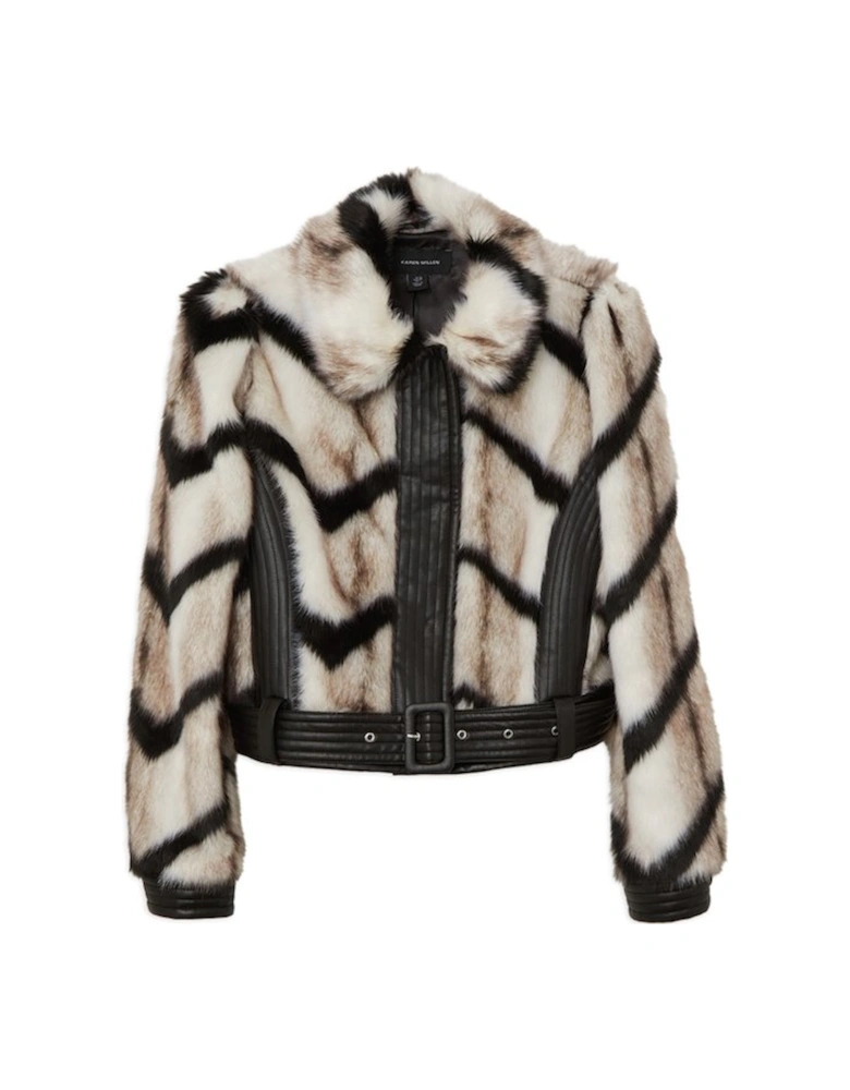 Plus Size Faux Fur Pu Panelled Stripe Belted Cropped Jacket