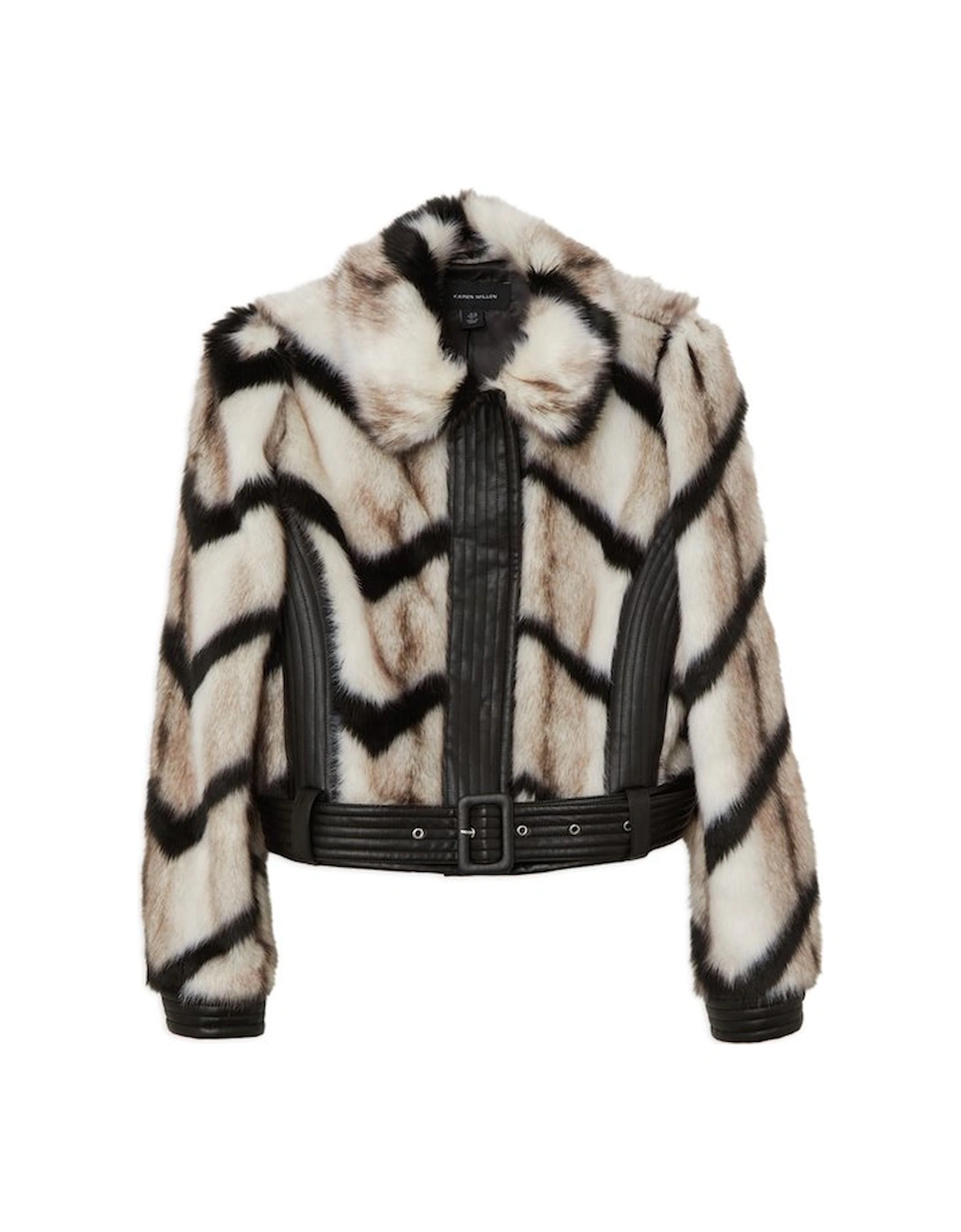 Plus Size Faux Fur Pu Panelled Stripe Belted Cropped Jacket