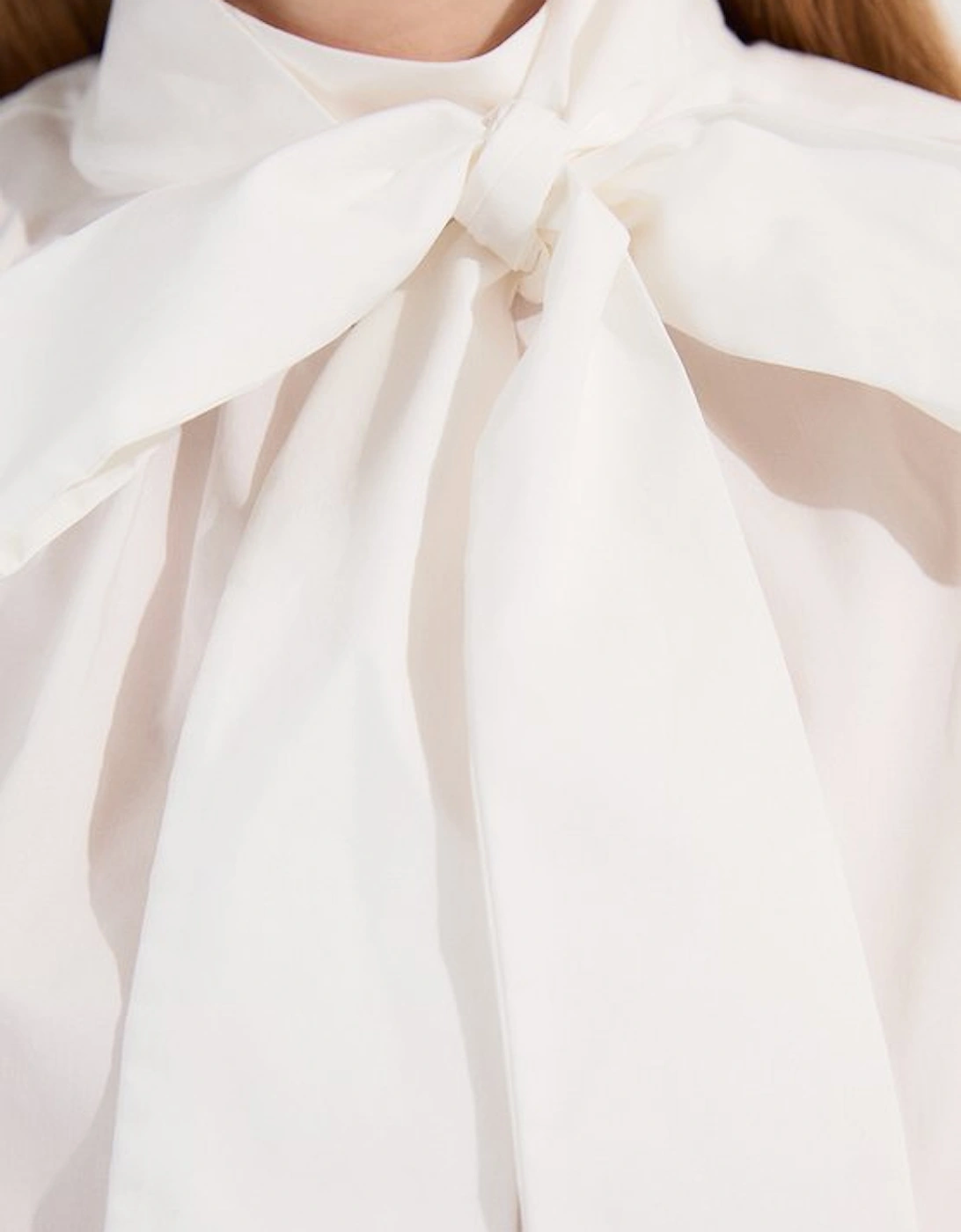 Cotton Poplin Pussy Bow Puff Sleeve Woven Blouse