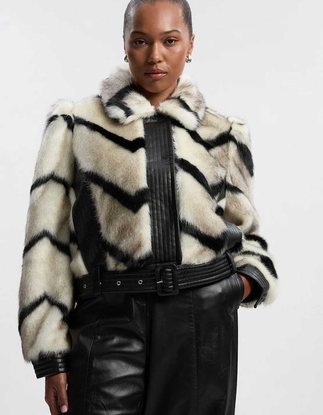 Plus Size Faux Fur Pu Panelled Stripe Belted Cropped Jacket