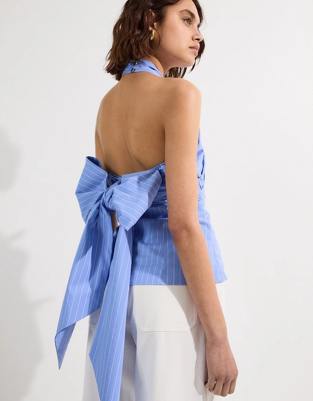 Striped Cotton Poplin Cross Front Halter Neck Blouse With Bow Detail, 5 of 4