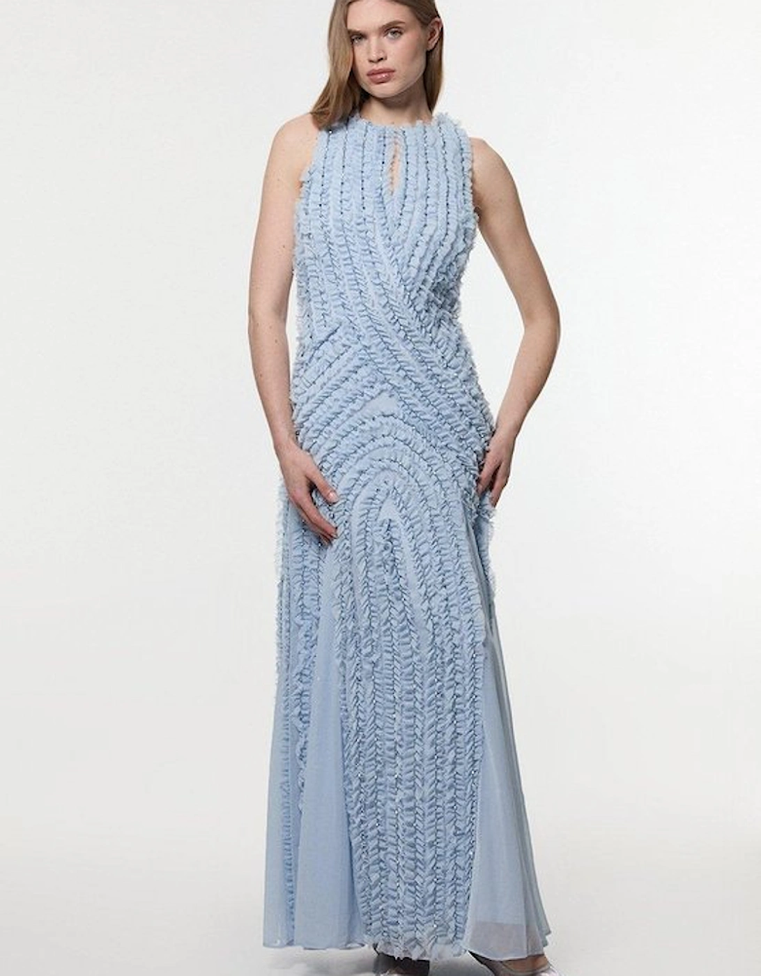 Embellished Ruffle Keyhole Cutout Woven Maxi Dress