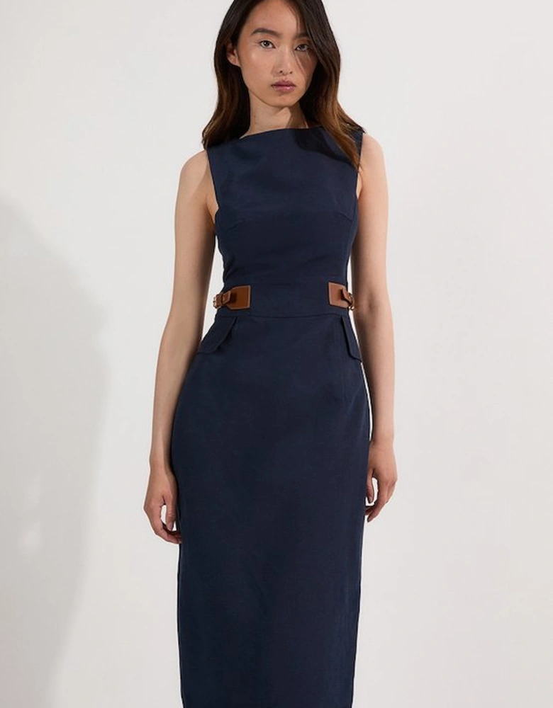 Petite Premium Tailored Linen Tab Waist Pencil Midi Dress