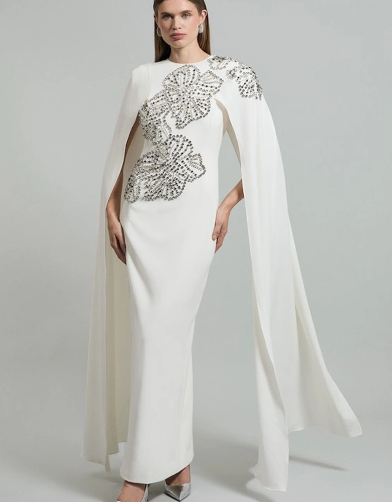 Placed Floral Crystal Embellished Tailored Drama Cape Maxi Dress