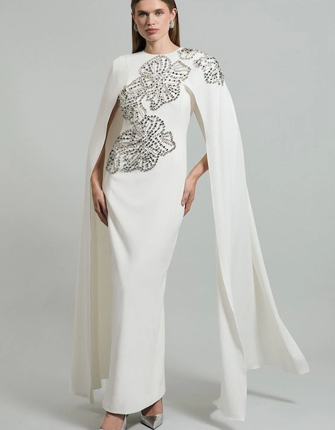 Placed Floral Crystal Embellished Tailored Drama Cape Maxi Dress, 2 of 1