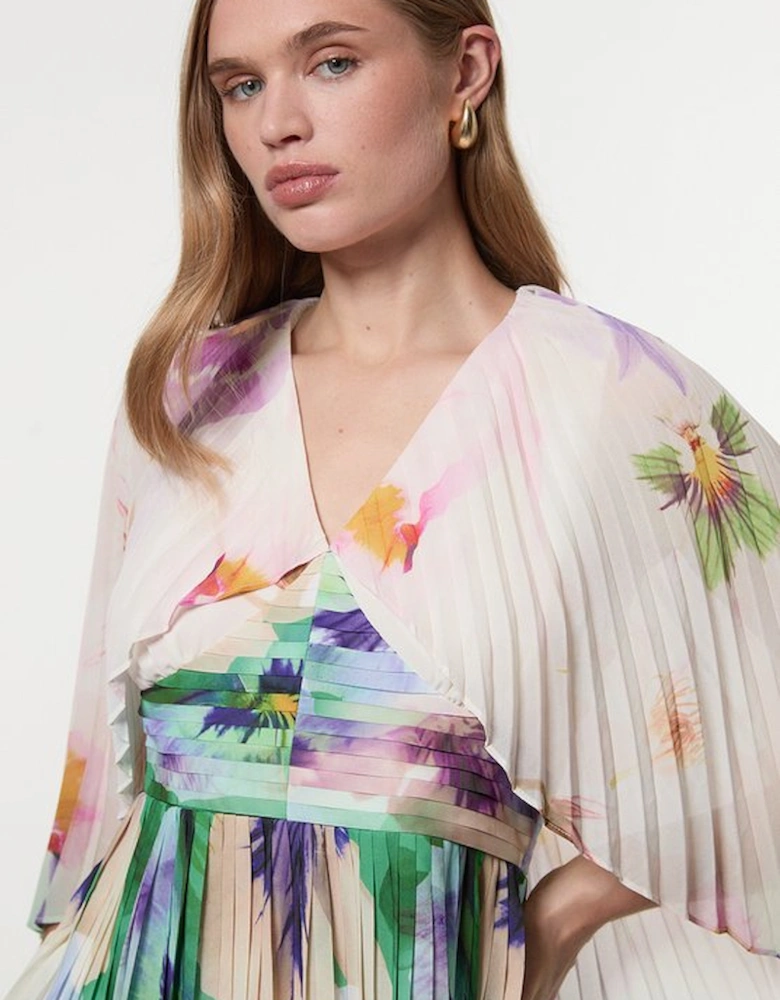 Pleated Floral Cape Sleeve Plunge Neck Woven Top