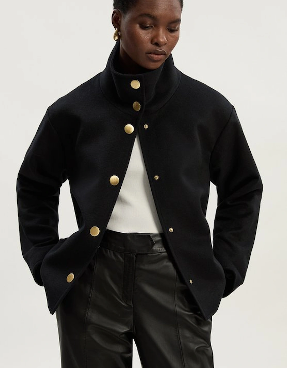 Brushed Wool  Funnel Neck Tailored Short Coat