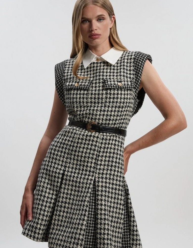 Tall Textured Tweed Contrast Collar Pleated Tailored Mini Dress