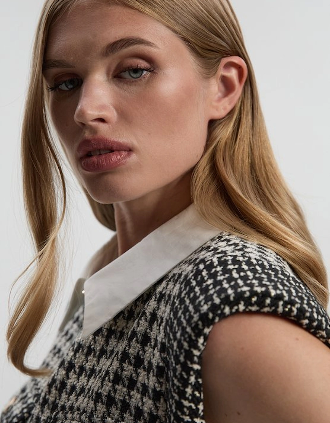 Tall Textured Tweed Contrast Collar Pleated Tailored Mini Dress