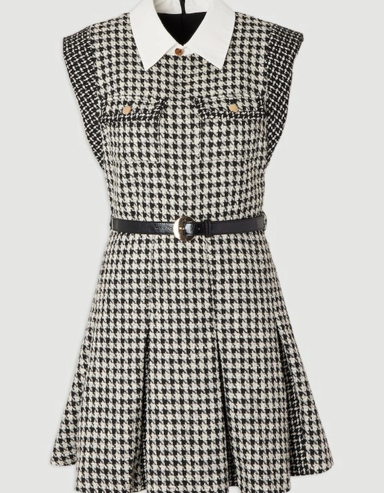 Tall Textured Tweed Contrast Collar Pleated Tailored Mini Dress