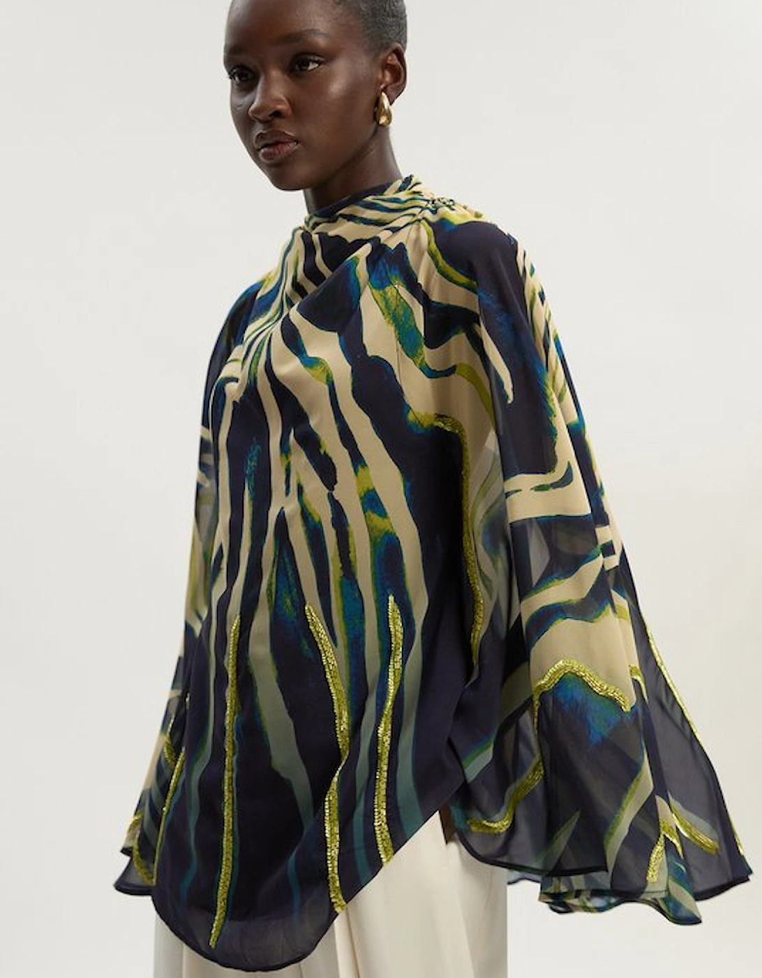 Animal Print Georgette Embellished Woven High Neck Cape Blouse, 5 of 4