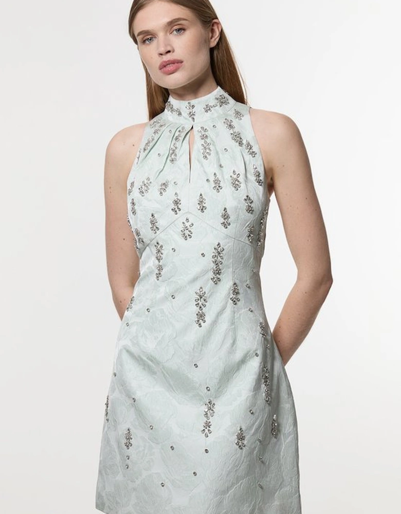 Texture Jacquard Crystal Embellished High Neck Woven Mini Dress
