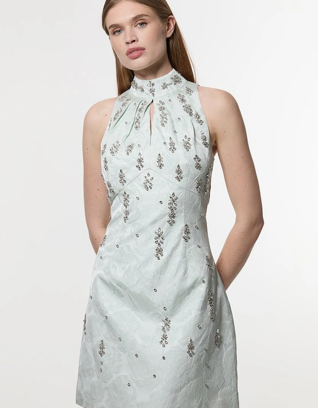 Texture Jacquard Crystal Embellished High Neck Woven Mini Dress, 5 of 4
