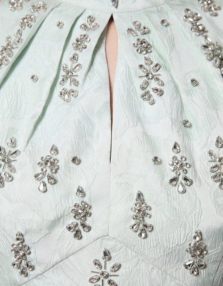 Texture Jacquard Crystal Embellished High Neck Woven Mini Dress