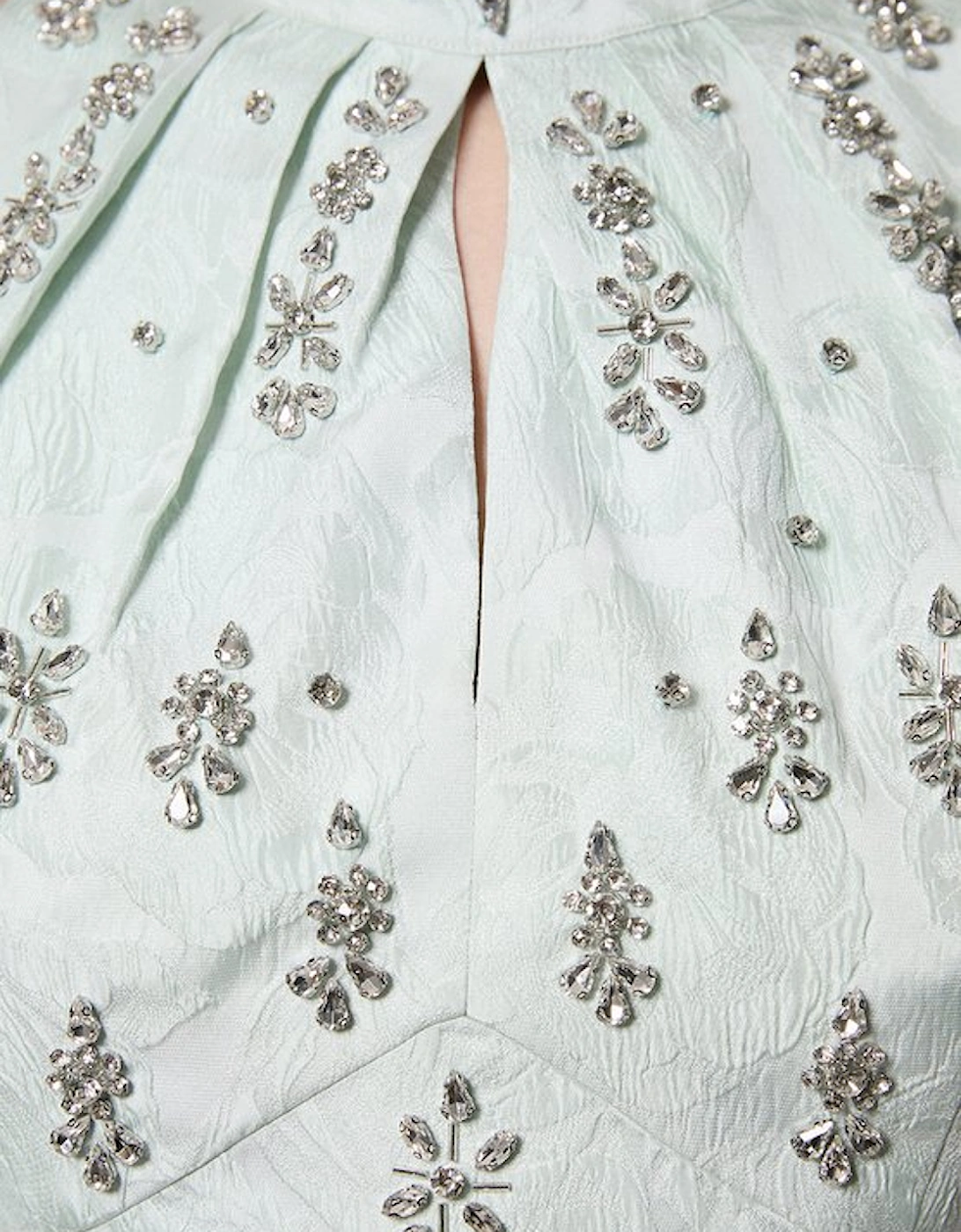 Texture Jacquard Crystal Embellished High Neck Woven Mini Dress