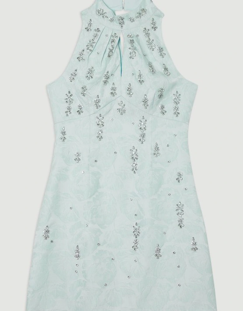 Texture Jacquard Crystal Embellished High Neck Woven Mini Dress