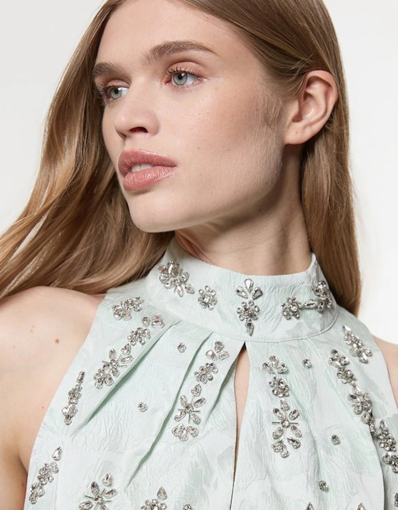 Texture Jacquard Crystal Embellished High Neck Woven Mini Dress
