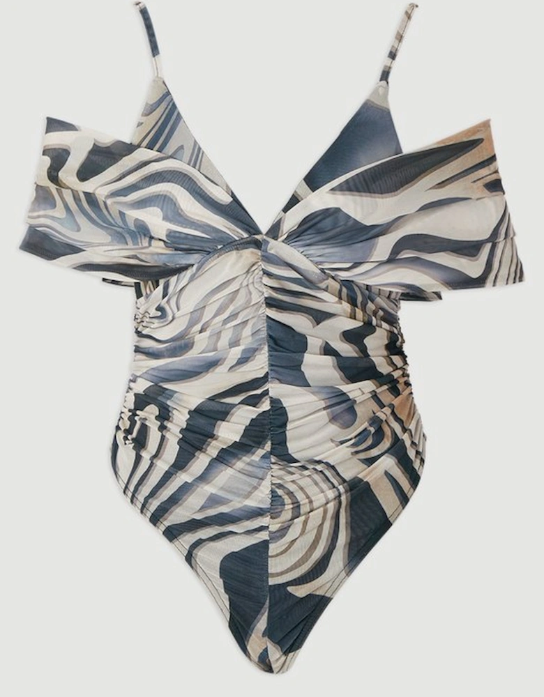 Marble Print Mesh Plunge Strappy Detail Bodysuit