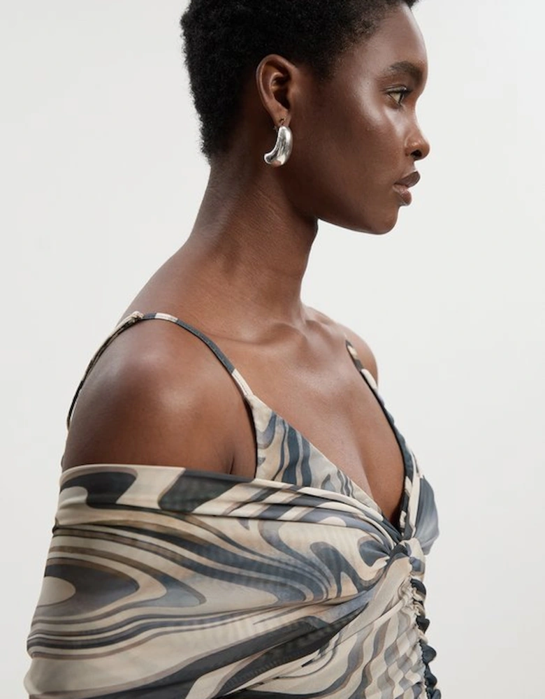 Marble Print Mesh Plunge Strappy Detail Bodysuit