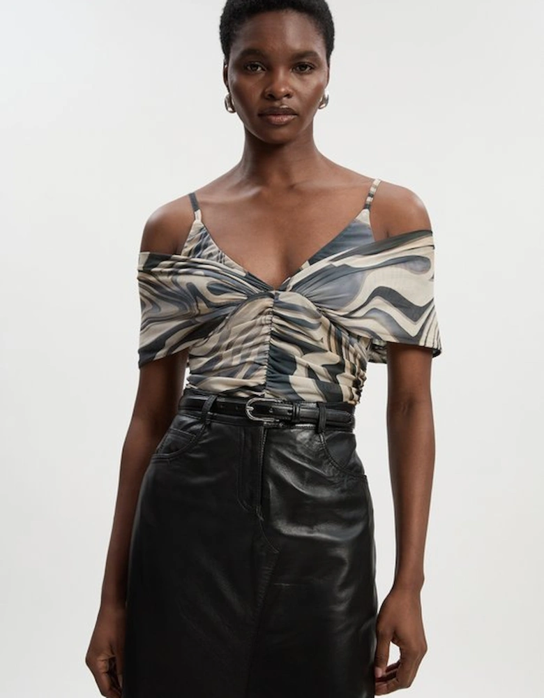 Marble Print Mesh Plunge Strappy Detail Bodysuit